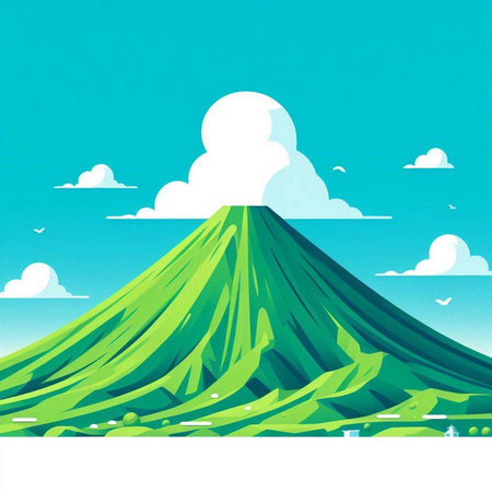 Volcano with green grass on blue sky background. Vector illustration.のイラスト素材