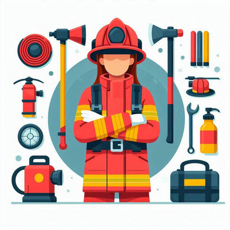 Firefighter in uniform with equipment. Vector illustration in flat style.のイラスト素材