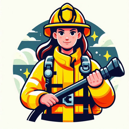 Firefighter woman in uniform with axe. Vector illustration in cartoon styleのイラスト素材