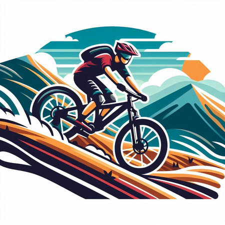 Mountain biker rider on the background of the mountains, vector illustrationのイラスト素材