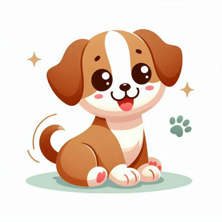 Cute cartoon dog sitting on floor with paw print. Vector illustration.のイラスト素材