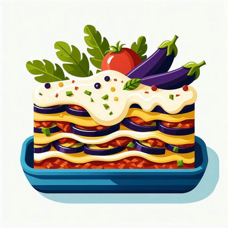 Illustration of lasagna in a blue plate on white background.のイラスト素材