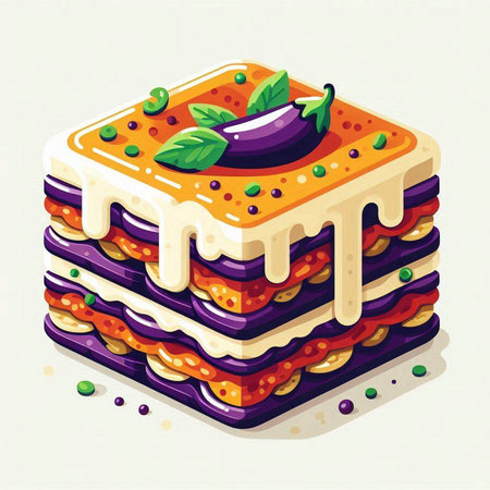 Illustration of a layered layered lasagna with eggplant and tomato sauceのイラスト素材