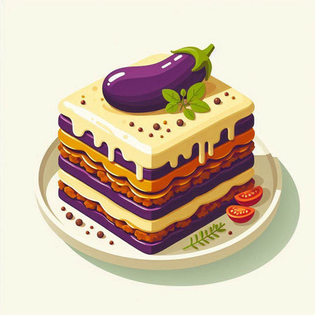 Illustration of a layered eggplant lasagna on a white backgroundのイラスト素材
