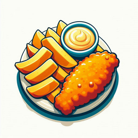 Illustration of fish and chips with mayonnaise on white backgroundのイラスト素材