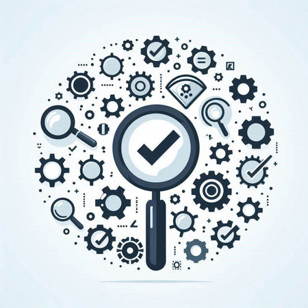 Search engine optimization concept. Magnifying glass and gear wheel. Vector illustrationのイラスト素材