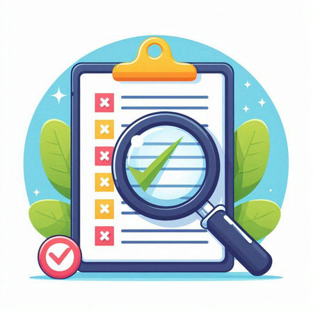 Checklist with magnifying glass and green leaves. Vector illustration.のイラスト素材