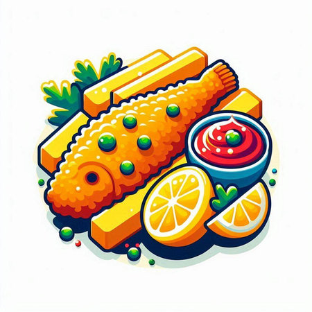Fried fish with sauce, lemon and parsley. Vector illustrationのイラスト素材