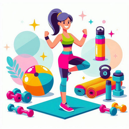 Fitness girl in sportswear with dumbbells and yoga mat. Vector illustrationのイラスト素材