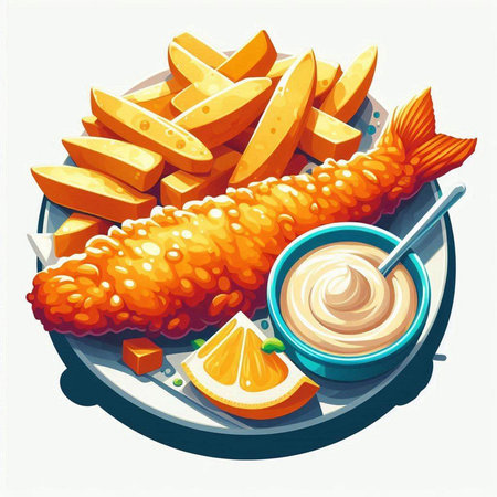 Fried fish with french fries and mayonnaise, vector illustrationのイラスト素材