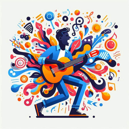 Vector illustration of a man playing guitar on a colorful music background.のイラスト素材
