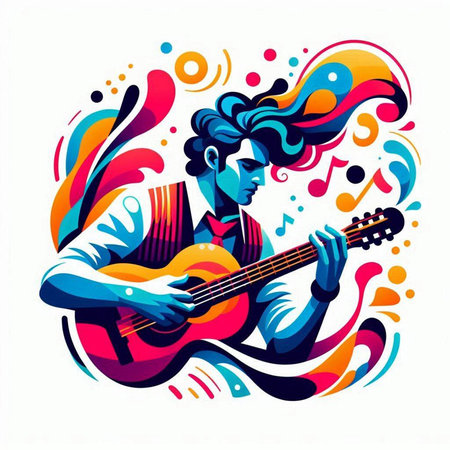 Musician playing the guitar and singing. Colorful vector illustration.のイラスト素材