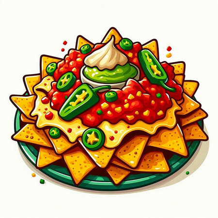Nachos with salsa and guacamole. Vector illustration.のイラスト素材