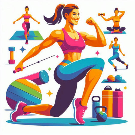 Fitness and healthy lifestyle. Sporty woman in sportswear doing exercises. Vector illustrationのイラスト素材