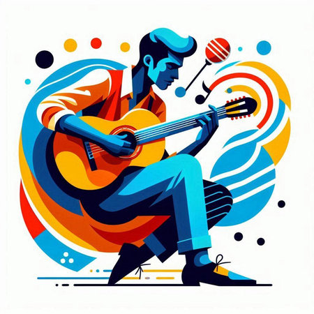 Man playing the guitar on colorful abstract background. Vector illustration in flat styleのイラスト素材