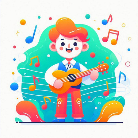 Cute little boy playing guitar. Vector illustration in cartoon style.のイラスト素材