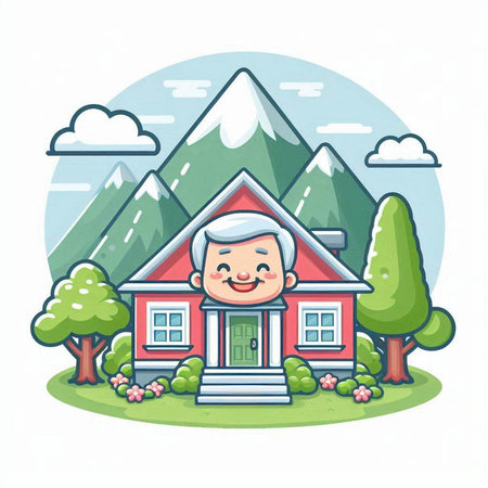 Vector illustration of a happy senior man standing in front of his houseのイラスト素材