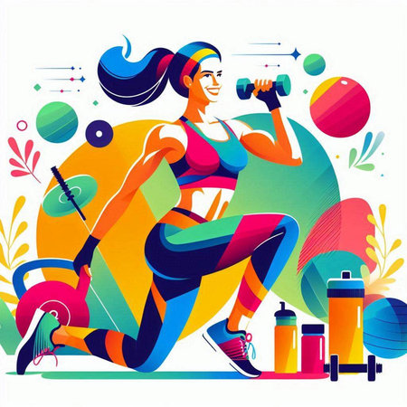 Fitness woman in sportswear with dumbbells, vector illustrationのイラスト素材