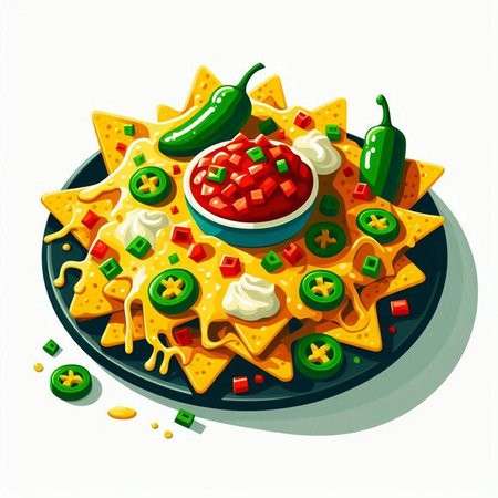 Mexican nachos with salsa and guacamole. Vector illustrationのイラスト素材