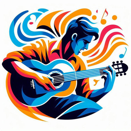 Guitar player with musical notes. Colorful vector illustration.のイラスト素材