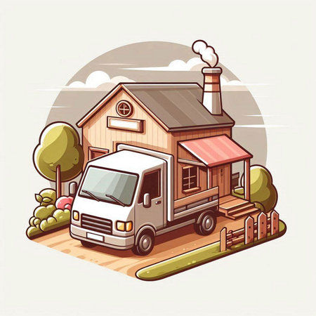 Illustration of a truck with a house in the background, vector illustrationのイラスト素材