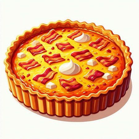 Illustration of a pie with bacon and cheese on a white backgroundのイラスト素材