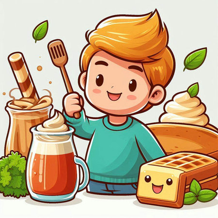 Vector illustration of Cute cartoon boy having breakfast with fresh fruit juice and wafflesのイラスト素材