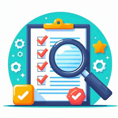 Checklist with magnifying glass on blue background. Vector illustration.のイラスト素材