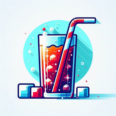 Colorful illustration of a glass of cola with ice cubes and strawのイラスト素材