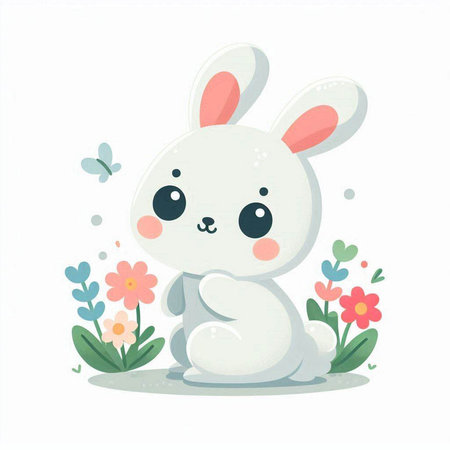 Cute cartoon rabbit with flowers. Vector illustration in a flat style.のイラスト素材