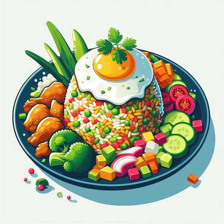 Fried rice with fried egg, vegetables and greens. Vector illustrationのイラスト素材
