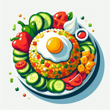 Fried egg with vegetables on a plate. Vector illustration in cartoon style.のイラスト素材