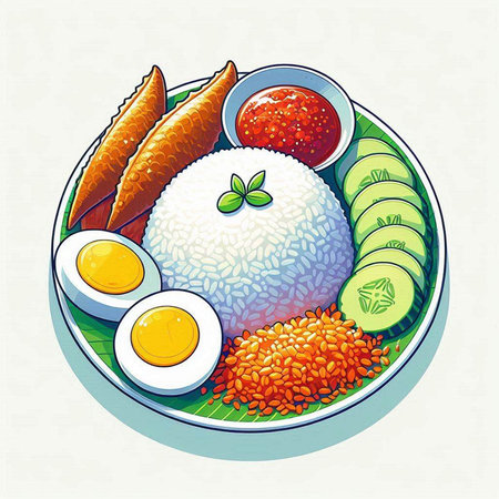 Illustration of a plate of rice, egg, fish and vegetablesのイラスト素材