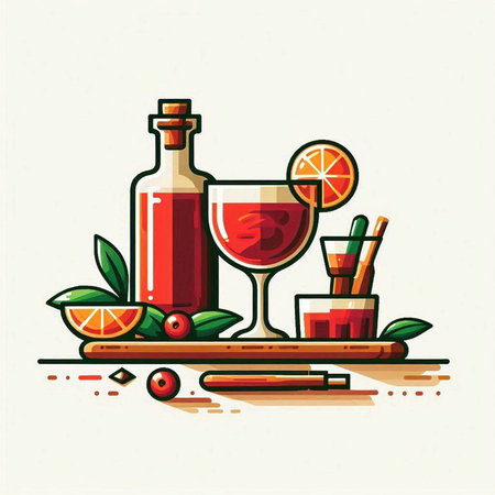 Vector illustration of a set of alcoholic drinks. Cocktail in a bottle, a glass, a glass of red wine, a slice of orange, a glass of juice and a straw.のイラスト素材