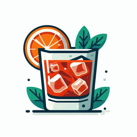 Cocktail with ice cubes, orange and mint leaves. Vector illustration.のイラスト素材