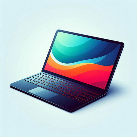 Laptop computer with colorful screen on blue background. Vector illustration.のイラスト素材
