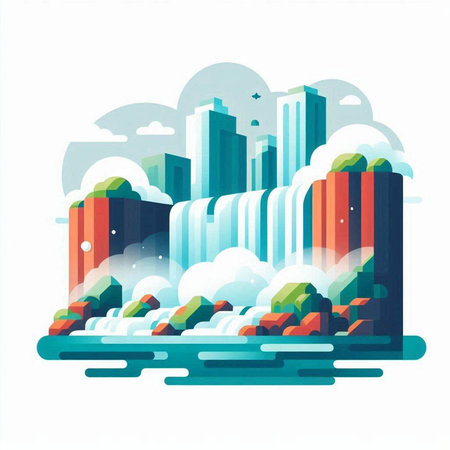 Cityscape with skyscrapers, river and clouds. Vector illustration.のイラスト素材