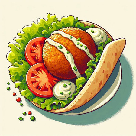 Vector illustration of a croquette with tomato, cucumber and mayonnaiseのイラスト素材