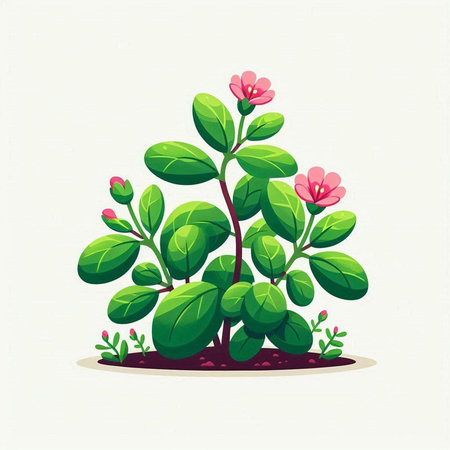 Illustration of a green plant with pink flowers and green leaves.のイラスト素材