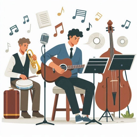 Musical instruments. Musicians playing musical instruments. Flat vector illustration.のイラスト素材