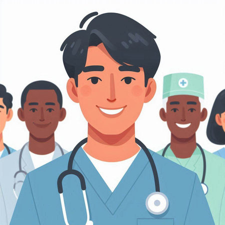 Male doctor with stethoscope and medical staff. Vector illustration in cartoon styleのイラスト素材