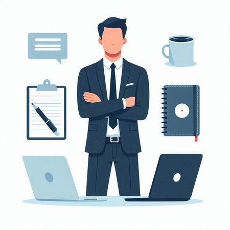 Businessman with laptop and documents. Vector illustration in flat style.のイラスト素材