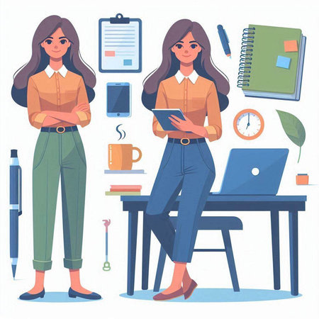 Vector illustration of a young business woman working at her office, holding a tablet in her hands.のイラスト素材