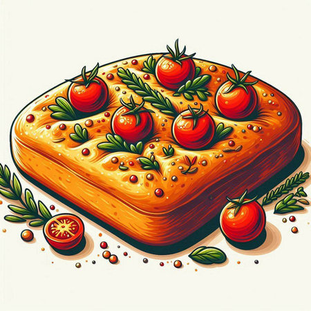 Illustration of a piece of cake with cherry tomatoes and herbs.のイラスト素材