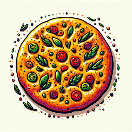 Pizza with tomato, olives and basil. Vector illustration.のイラスト素材