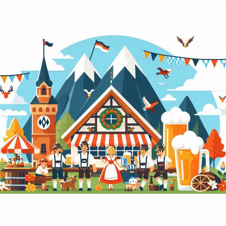 Oktoberfest festival with traditional Bavarian costumes, people in traditional costume and beer. Vector illustration.のイラスト素材