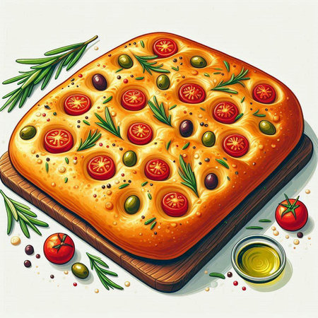 Illustration of pizza with olives, tomatoes and rosemary.のイラスト素材