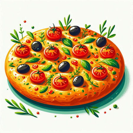 Illustration of a pizza with olives and tomatoes on a white backgroundのイラスト素材