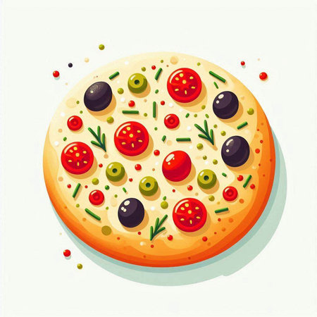 Pizza with olives, tomatoes and cheese. Vector illustration.のイラスト素材