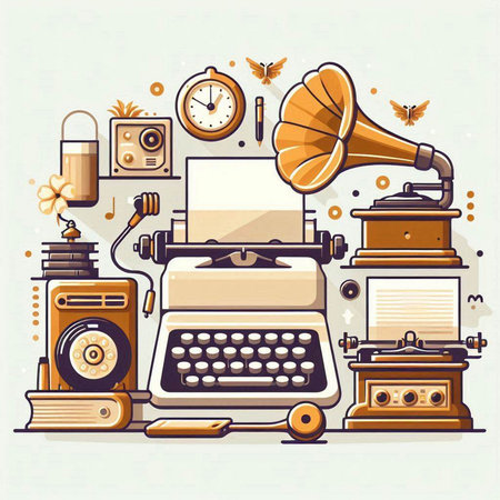Retro style illustration. Vector illustration of typewriter, gramophone, radio, camera, gramophone.のイラスト素材